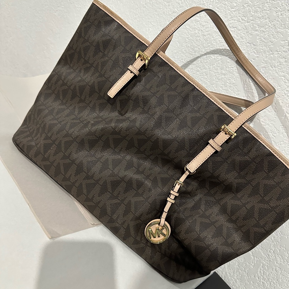 Michael Kors Brown Signature Tote with Pale Pink Trim